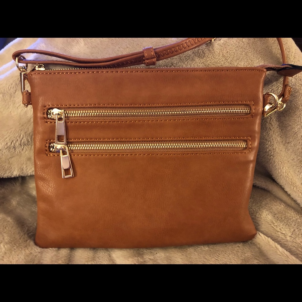 Tan Gold Zippered Shoulder Bag Silk